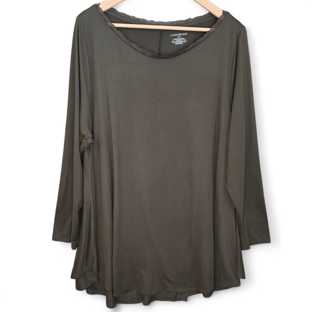 Lane Bryant Top Womens Plus 22/24 Earth Green Scoop Neck Lace Trim Long Sleeve‎